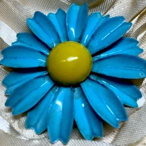 Flower Power Blue Yellow Enamel 60s Brooch Pin